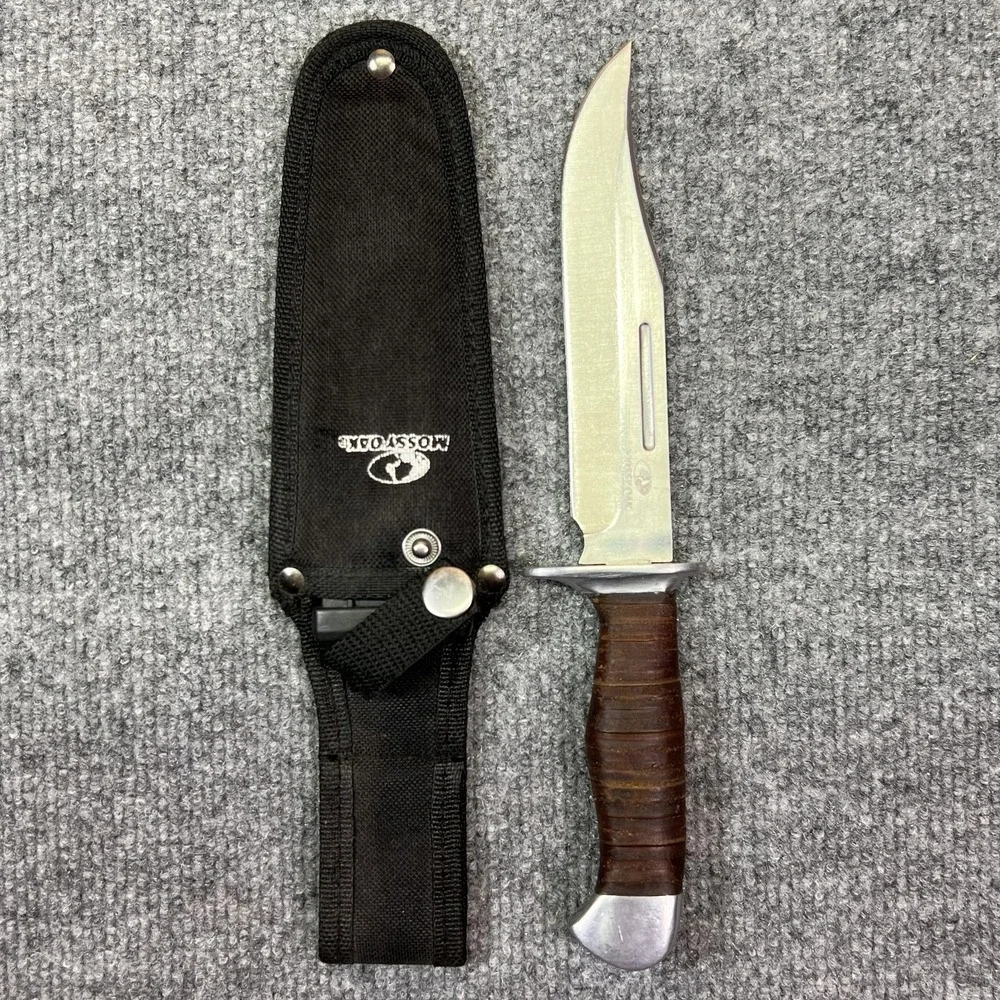 Mossy Oak Fixed Blade Hunting Bowie Knife Leather Handle Nylon Sheath Black